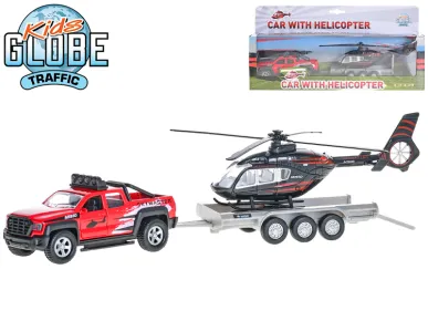Mikro trading Kids Globe Traffic - Auto terénní na zpětný chod s přívěsem a helikoptérou