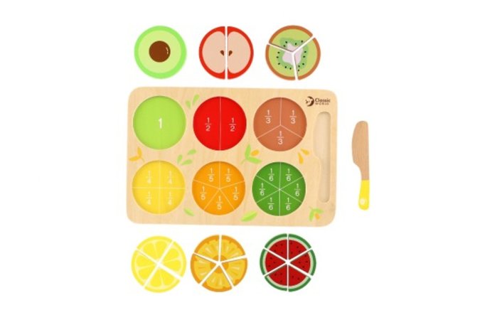 Teddies Puzzle deskové - Dřevěné krájecí ovoce - zlomky
