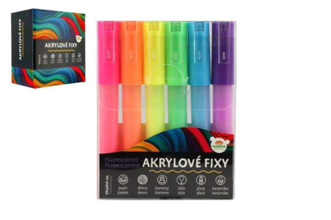 Teddies Fixy akrylové fluorescentní - 6 ks - i na keramiku, sklo, kameny