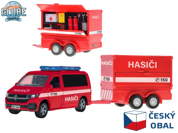 Mikro trading Kids Globe Traffic VW - Hasiči s přívěsem na zpětný chod - 27,5 cm