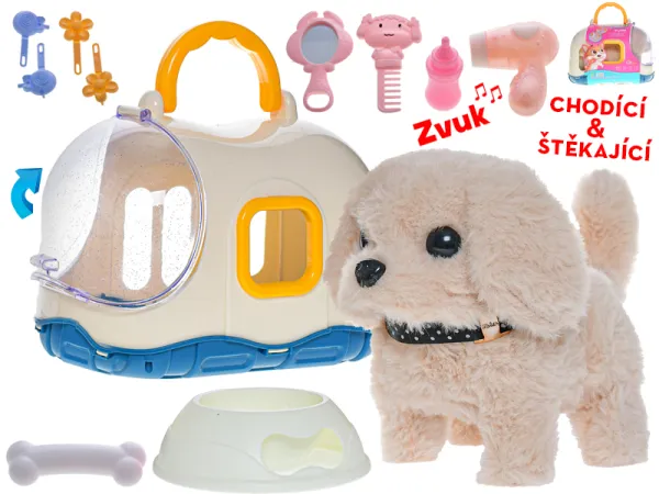 Mikro trading Pejsek plyšový - 19 cm - chodící a štěkající - v přepravce