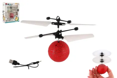 Teddies Vrtulníková koule létající - 13 x 11 cm - svítící a reagující na pohyb ruky s USB kabelem - červená