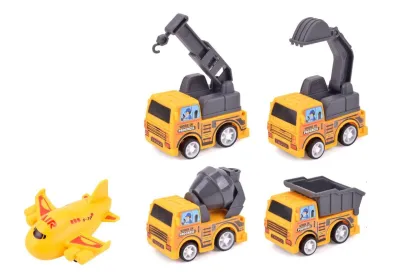 Teddies Stavební stroj mini 4 ks + letadlo - na zpětné natažení