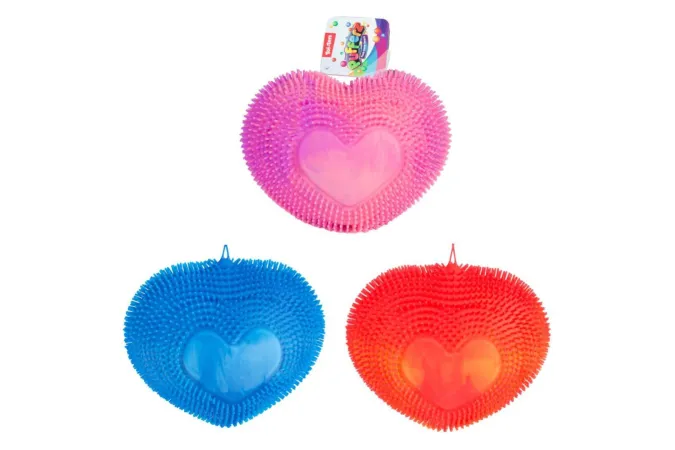 Teddies Míček srdce - mačkací chlupatý antistresový silikon - 18 cm - duhový 3 barvy
