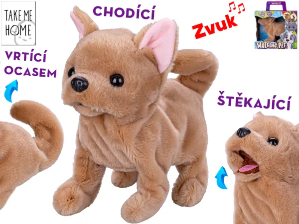Mikro trading Take Me Home - Pes plyšový chodící, štěkající a vrtící ocasem - 21 cm - hnědá