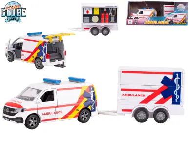 Mikro trading Kids Globe Traffic - VW Transporter ambulance s přívěsem - 27,5 cm - zpětný chod