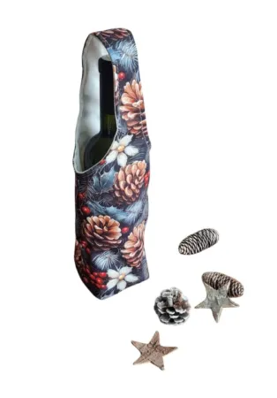 LKV Lomnice Dárková textilní taška na lahev - Vánoce - tmavě modrá s motivem šišek