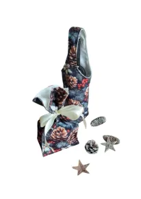 LKV Lomnice Dárková sada - Taška na lahev a malý textilní pytlík - Vánoce - tmavě modrá s motivem šišek