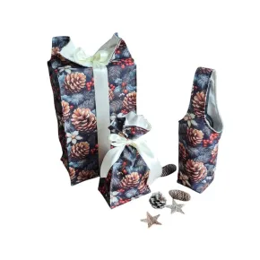 LKV Lomnice Dárková sada - Taška na lahev, velký a malý textilní pytlík - Vánoce - s motivem šišek