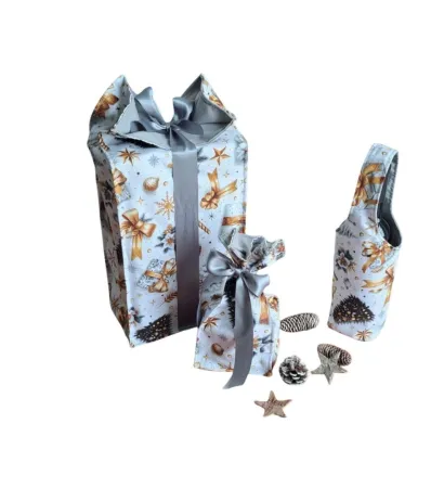 LKV Lomnice Dárková sada - Taška na lahev, velký a malý textilní pytlík - Vánoce - bílá