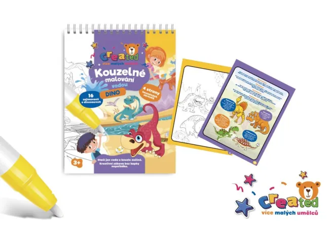 Created Kouzelné malování vodou - Blok s tužkou DINOSAUŘI - 4 listy