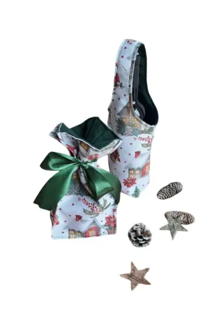 LKV Lomnice Dárková sada - Taška na lahev a malý textilní pytlík - Vánoce - domečky