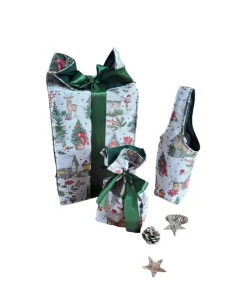LKV Lomnice Dárková sada - Taška na lahev, velký a malý textilní pytlík - Vánoce - domečky