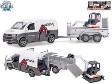Mikro trading Kids Globe Traffic - VW Transporter s přívěsem na zpětný chod - 27 cm - s mini bagrem