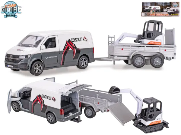 Mikro trading Kids Globe Traffic - VW Transporter s přívěsem na zpětný chod - 27 cm - s mini bagrem