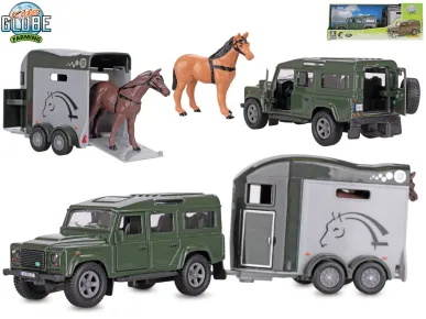 Mikro trading Kids Globe Farming - Land Rover s přívěsem pro koně - 26 cm - zpětný chod