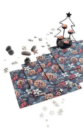 LKV Lomnice Textilní prostírání Vánoce - 4 ks - tmavě modrá s motivem šišek
