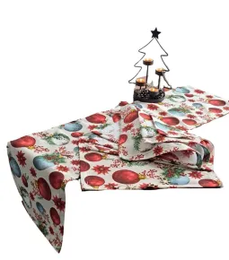 LKV Lomnice Vánoční set: Běhoun na stůl + 4 ks prostírání - červené vánoční ozdoby - 30 x 120 cm