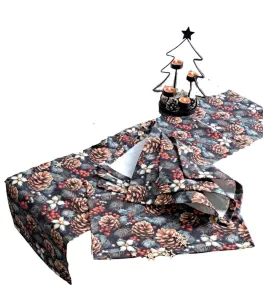 LKV Lomnice Vánoční set: Běhoun na stůl + 4 ks prostírání - tmavě modrá s motivem šišek - 30 x 120 cm