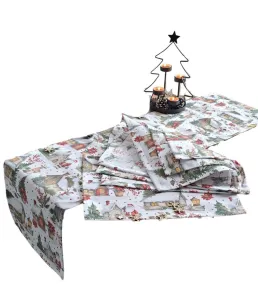 LKV Lomnice Vánoční set: Běhoun na stůl + 4 ks prostírání - domečky - 30 x 120 cm