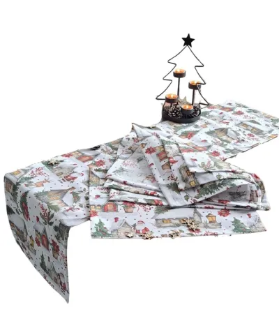 LKV Lomnice Vánoční set: Běhoun na stůl + 4 ks prostírání - domečky - 30 x 120 cm