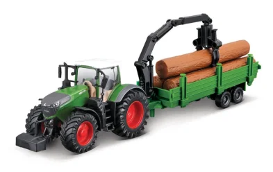 Bburago FARMLAND - Traktor Fendt 1050 Vario s nakladačem a přívěsem na dřevo - 10 cm