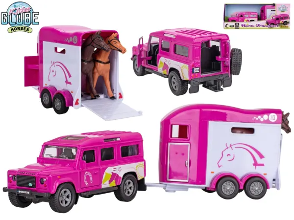 Mikro trading Kids Globe Traffic - Land Rover s přívěsem pro koně - 28 cm - růžová