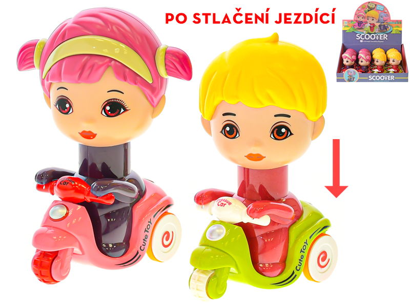 Mikro trading Panenka / Panáček na skútru po stlačení jezdící - 14 cm