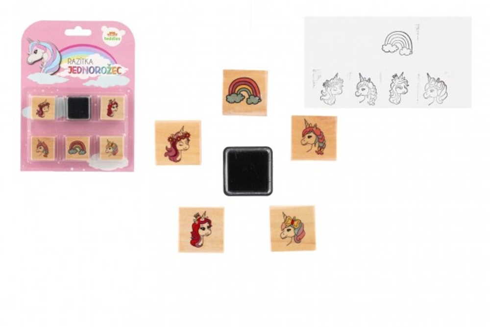 Teddies Razítka dřevěná  5+1 s poduškou - Jednorožci