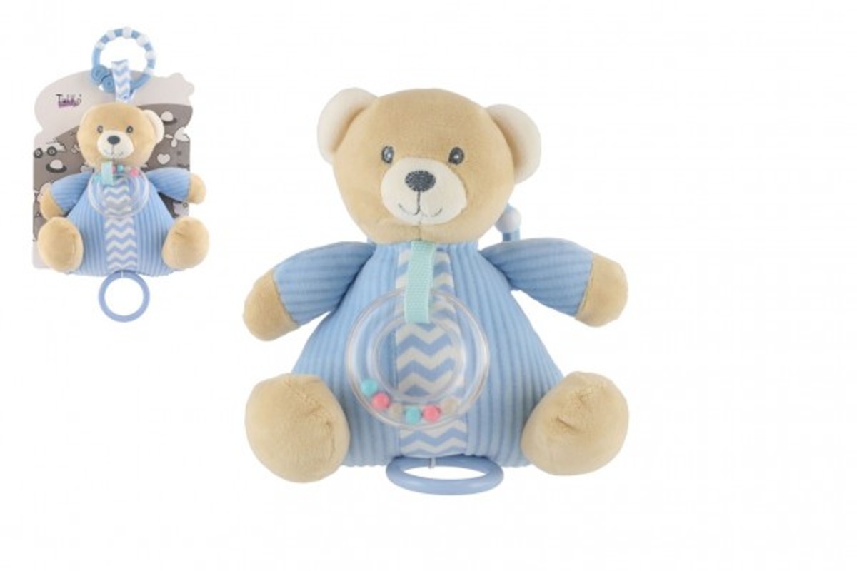 Teddies Medvěd - 18 x 18 cm - natahovací hrací strojek s chrastítkem - modrá