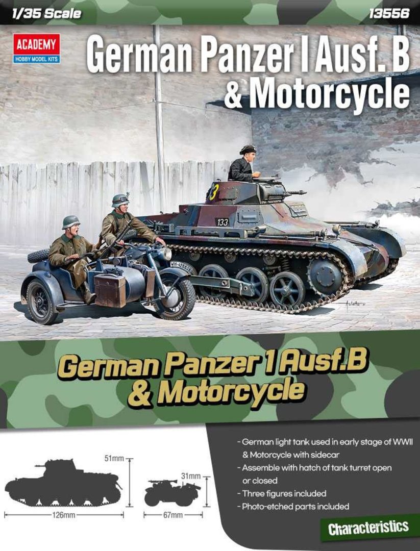 Academy Plastikový model tanku a motocyklu German Panzer I Ausf.B & Motorcycle