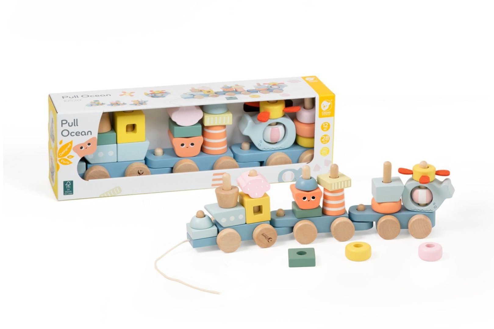 Teddies Vlak + 2 vagóny OCEÁN - dřevěná tahací stavebnice - 28 dílků